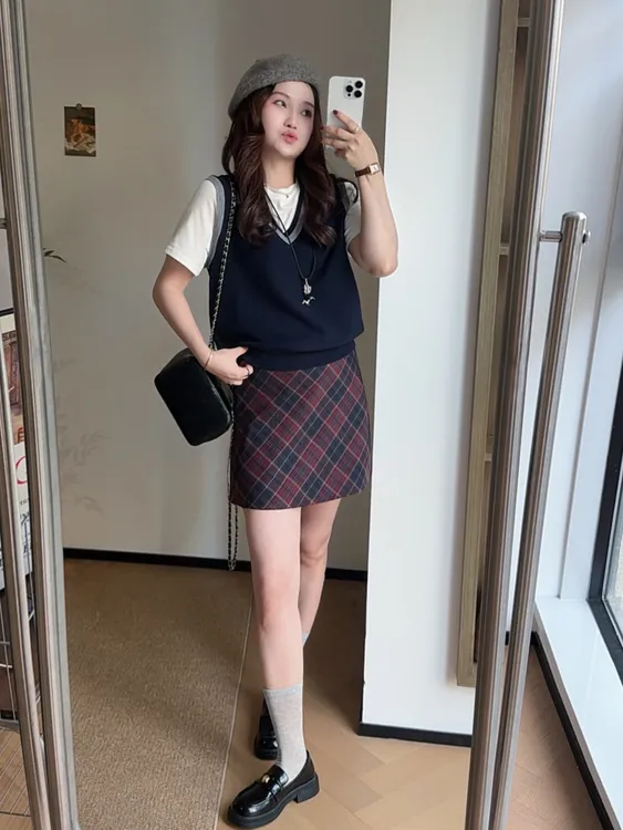 运费补贴小个子秋季韩系复古文艺气质百搭遮胯显瘦显白格子半身裙