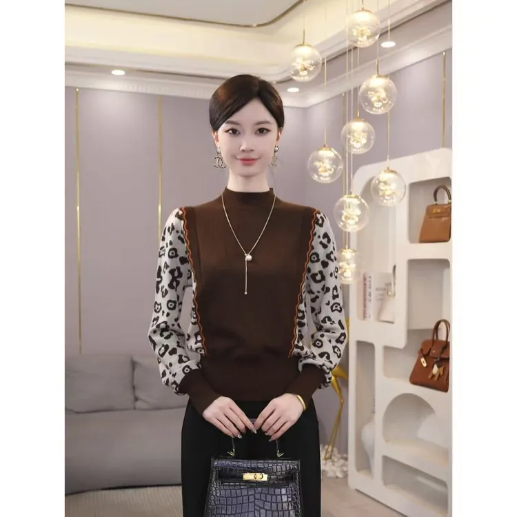 唐熹秋冬【JR-09】含绵羊毛套头咖色假两件拼接秋冬内搭毛衣打底衫