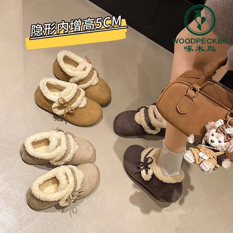 啄木鸟厚底加绒勃肯鞋女2025款冬季内增高毛绒棉鞋加厚保暖雪地靴