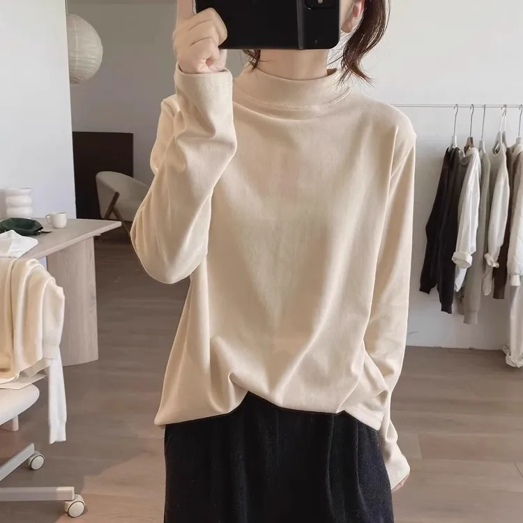 加绒加厚打底衫女杏色软糯半高领秋冬欧货大版宽松长袖内搭上衣潮