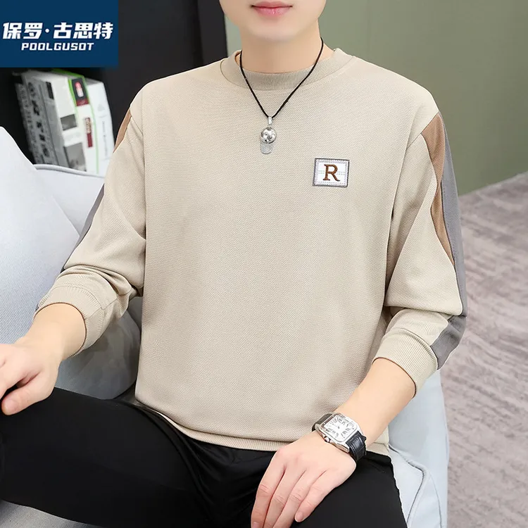 保罗·古思特新款男士圆领卫衣时尚潮流拼接休闲百搭套头打底衫