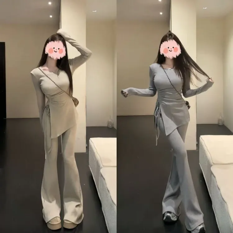 2025秋冬新款韩系气质收腰褶皱设计感上衣高腰显瘦微喇裤俩件套