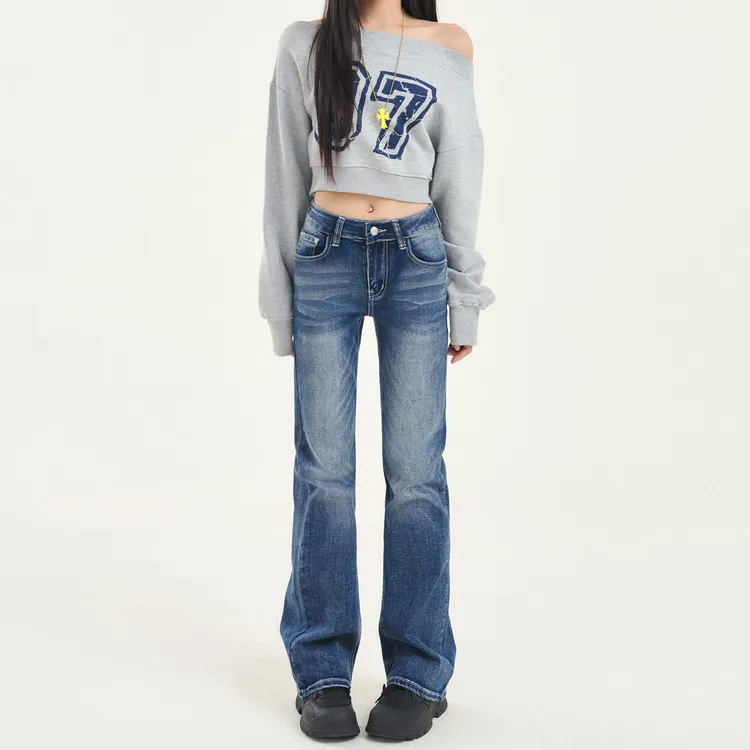 VMZM2025年早秋新款复古水洗蓝色直筒牛仔裤女高腰显瘦垂感拖地裤