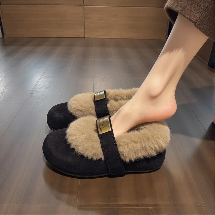 水貂绒毛毛鞋女2025年新款冬季加绒保暖玛丽珍配裙子软底勃肯棉鞋