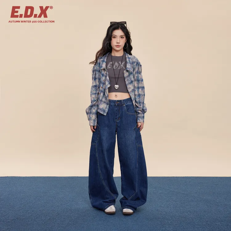 EDX深蓝色弯刀牛仔裤裤女秋季新款宽松阔腿美式设计感工装裤子