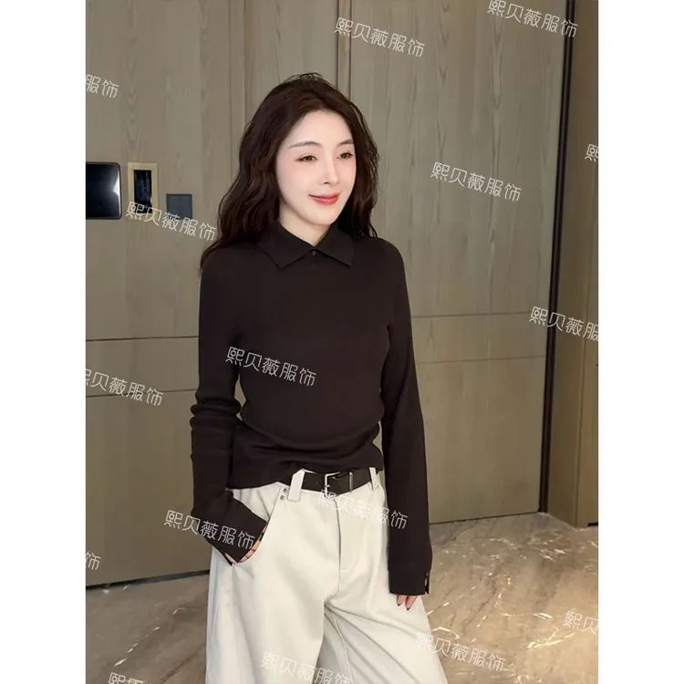 熙贝薇9 欧货立翻领羊毛针织衫秋冬新款两粒扣宽松打底 G5560
