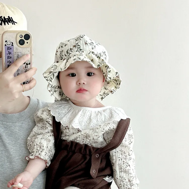宝宝渔夫帽春夏季小碎花透气系带遮阳帽婴幼儿防风外出儿童帽子