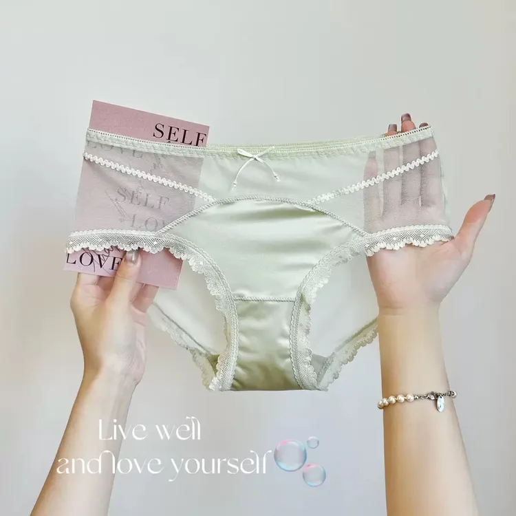 MJ法式奢华缎面蕾丝内裤女中低腰蝴蝶结甜美少女三角裤女士内衣