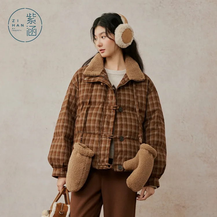 紫涵复古短款羽绒服2025冬季新款丝绒立领保暖鸭绒外套Z5Z4JDS222