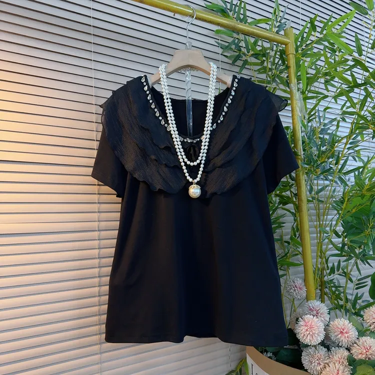 5259胖mm欧货时尚名媛风荷叶边拼接款圆领订钻设计感气质显瘦短袖