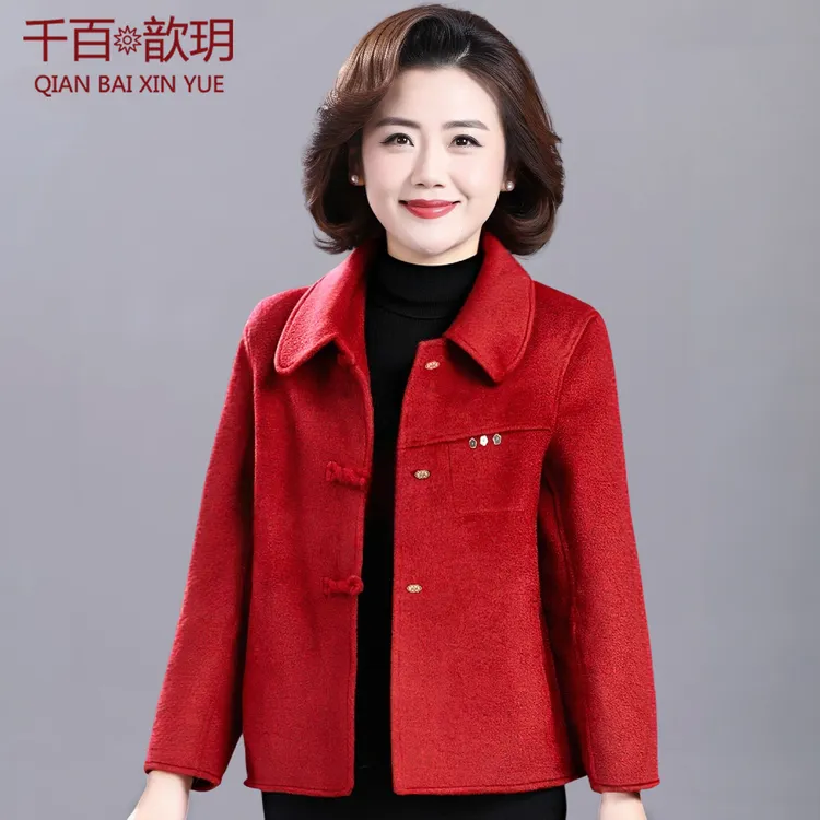 新中式妈妈秋冬双面呢子外套新款红色大衣中老年女士短款毛呢上衣