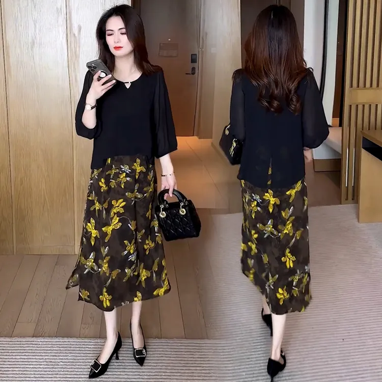 拉夏贝尔假两件雪纺连衣裙女2025夏季新款宽松显瘦遮肚子碎花裙子