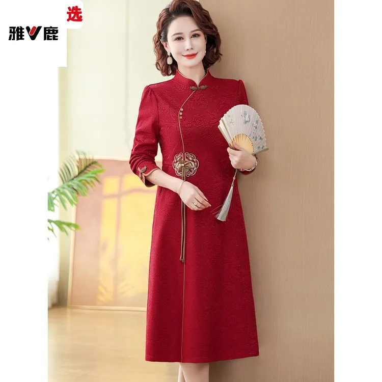 雅鹿优选妈妈婚宴礼服民族风连衣裙喜婆婆2025新款中老年女春秋装