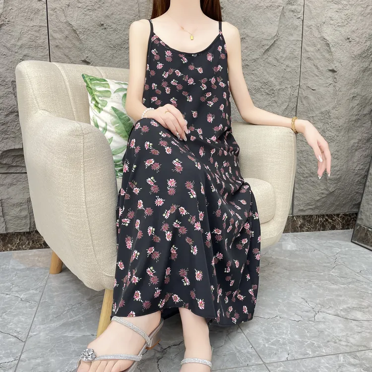 【清风叙】夏季碎花时尚宽松气质吊带连衣裙女薄款显瘦印花长裙女