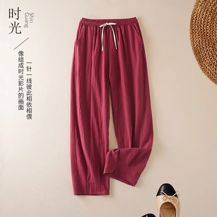 休闲阔腿裤百搭直筒裤棉麻裤子松紧腰夏季新款显瘦收腰通勤百搭大
