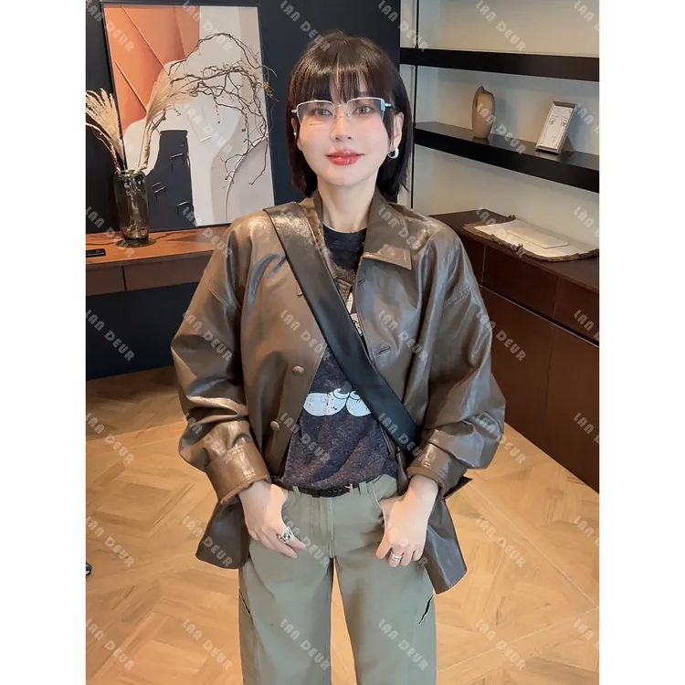 JIUJIU【时若】秋季复古宽松中长款PU酷飒气质设计感皮衣外套