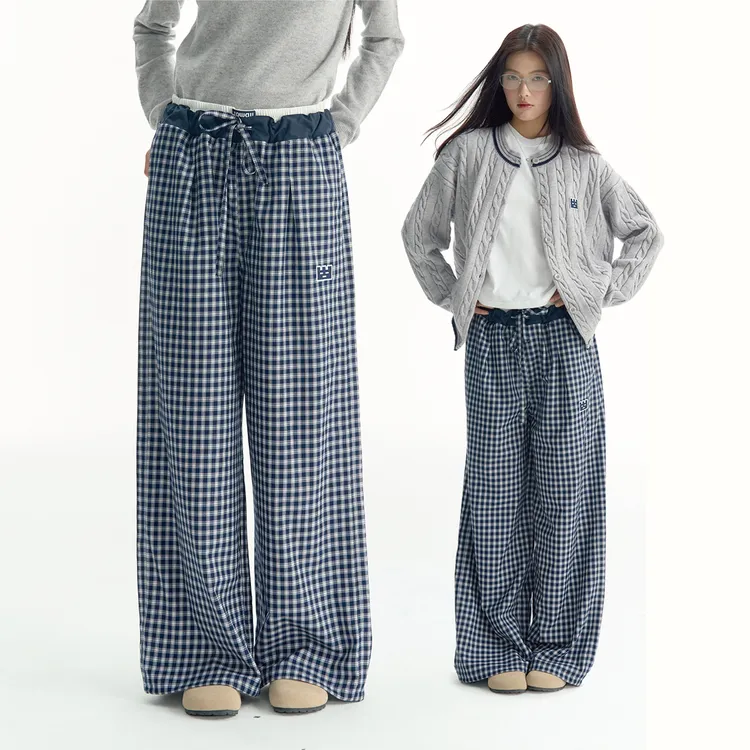 【维C专属】TGWALL「晚风」双腰头拼接藏青格子裤宽松直通长裤格纹休闲裤子