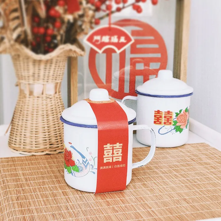 双喜搪瓷缸子喜礼喜糖盒花卉款搪瓷杯子茶缸结婚婚庆复古创意