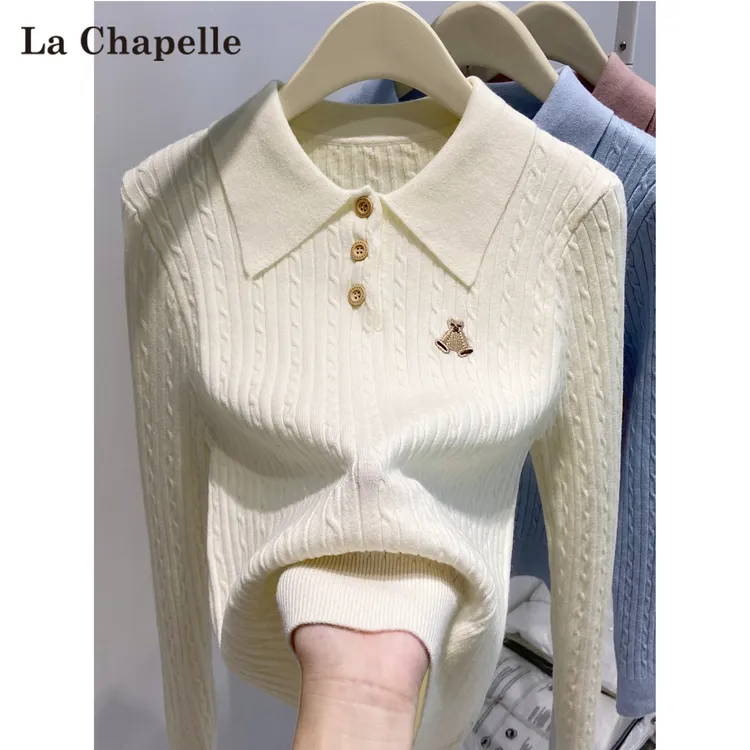 拉夏贝尔小熊刺绣长袖针织衫女秋冬新款polo领修身毛衣内搭小上衣