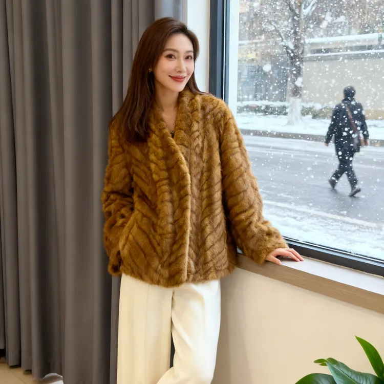 【源头工厂】冬季新款金叶貂气质V领韩版轻奢休闲中长款毛毛外套女