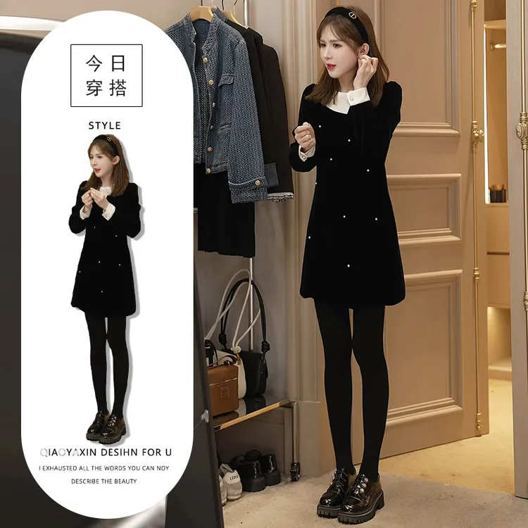 小个子港味别致撞色拼接A字裙女秋冬新款高级感精致显瘦连衣裙女