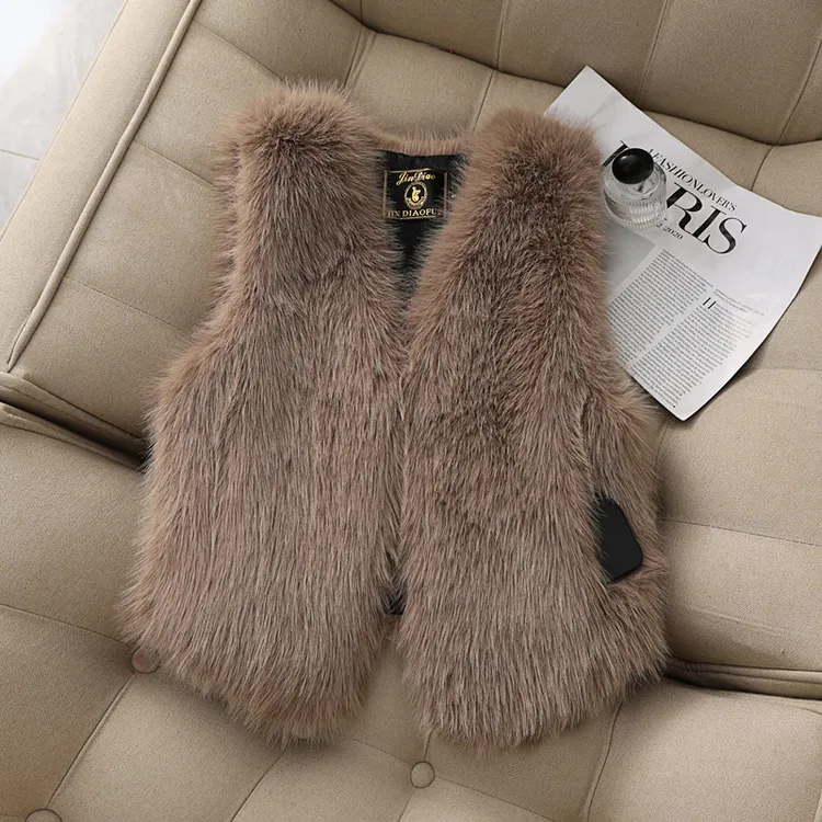 卡其色短款厚款修身型马夹仿狐狸毛皮草洋气马甲加厚百搭无袖毛绒