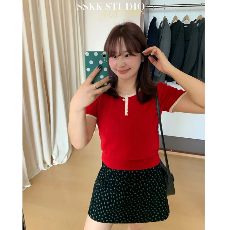 KMZY/KMZY山_山【热恋风情】微胖女装韩系简约撞色拼接毛织短袖上衣