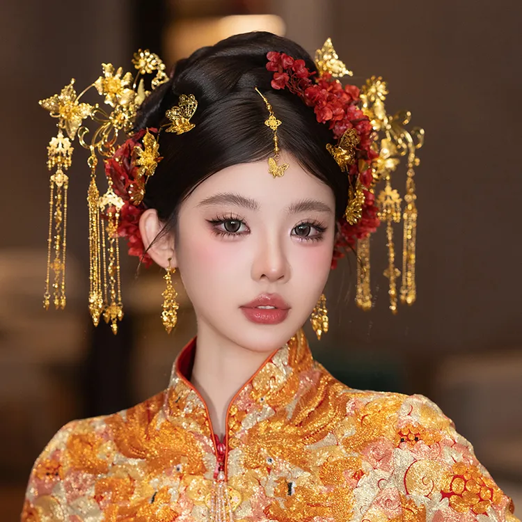 GZ394金色秀禾头饰新中式宫廷步摇发簪旗袍汉服新娘龙凤褂发饰