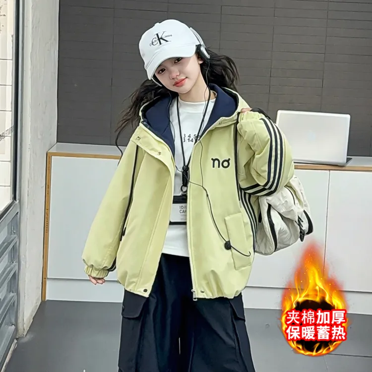 女童秋冬三色拉条夹棉冲锋衣外套2025新款洋气加绒加厚长袖派克服