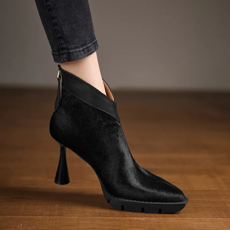 小个子增高8.9cm~马毛靴子女尖头后拉链法式及踝靴防水台高跟短靴