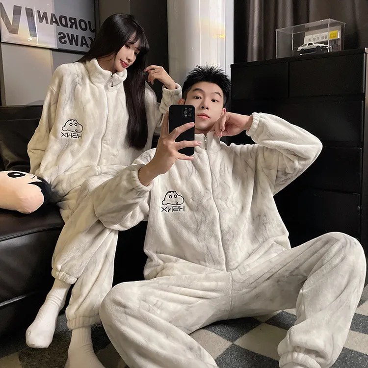 【蜡笔拉链款】蜡笔小新情侣睡衣女秋冬珊瑚绒加厚法兰绒家居服套装