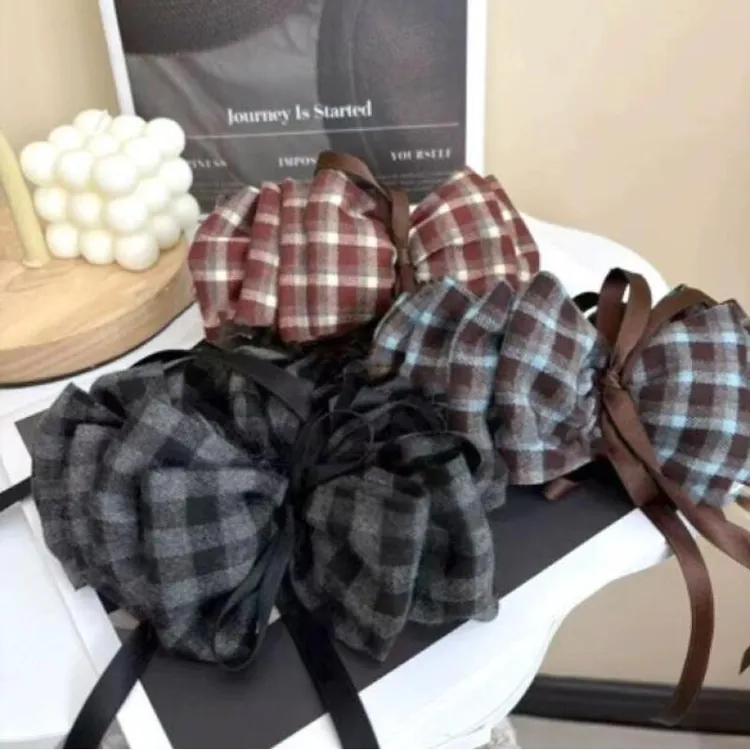 诗泊雅 韩国格子香蕉夹蝴蝶结飘带女气质高级感新款盘发格纹竖夹