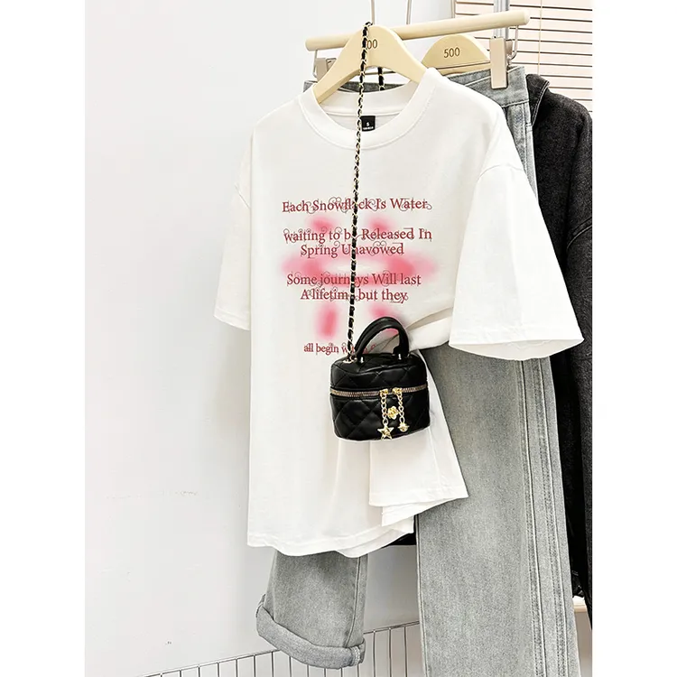 白色设计感纯棉短袖t恤女装春夏新款韩系ins字母印花宽松百搭上衣