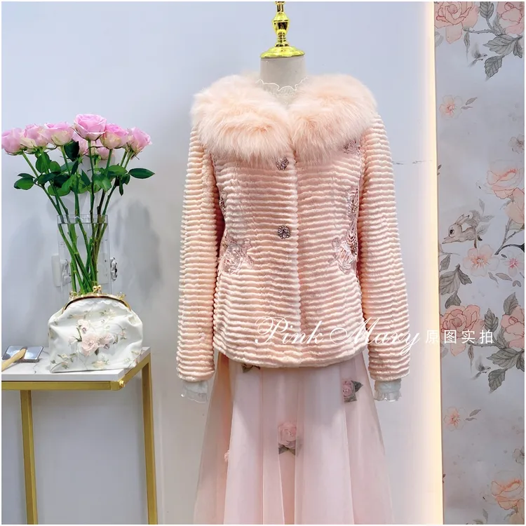 PinkMary粉红玛琍粉色獭兔毛皮草大衣外套女轻奢百搭PMAFW730810