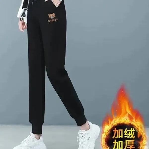 爆款小熊卫裤女秋冬加绒加厚高腰休闲哈伦裤显瘦保暖打底裤子
