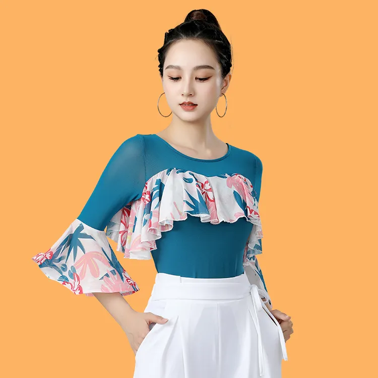 摩登舞上衣新款喇叭袖国标舞拉丁舞连体练功服荷叶边舞服网纱拼接