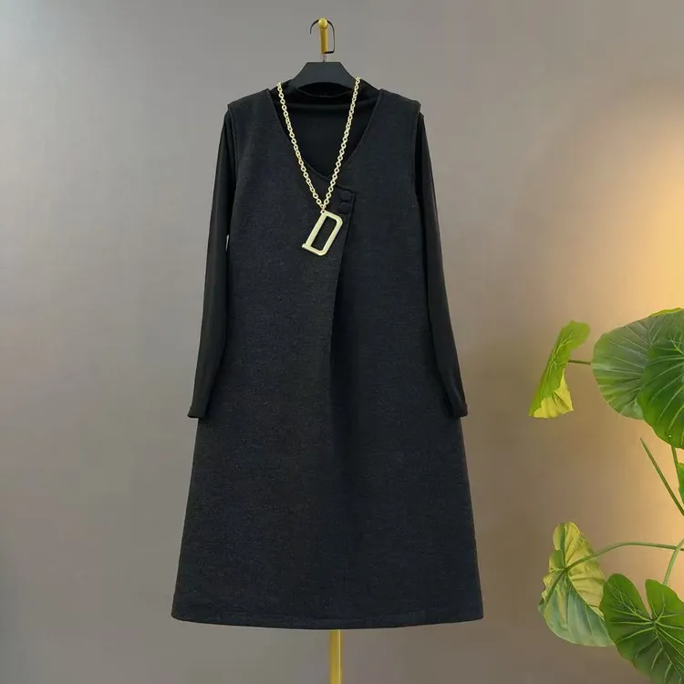 无袖背心裙名媛风大码秋季连衣裙百搭女装黑色针织内搭毛呢连衣裙