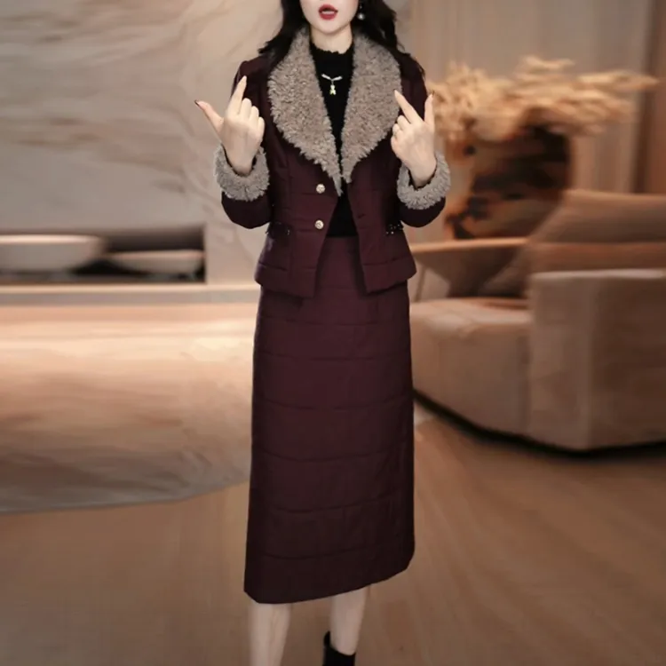 蓄热棉夹棉加厚保暖套装裙2025冬季新款高级感气质两件套连衣裙子