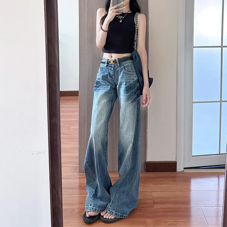 美式复古水洗蓝低腰微喇牛仔裤女2025新款夏季宽松显瘦百搭直筒裤
