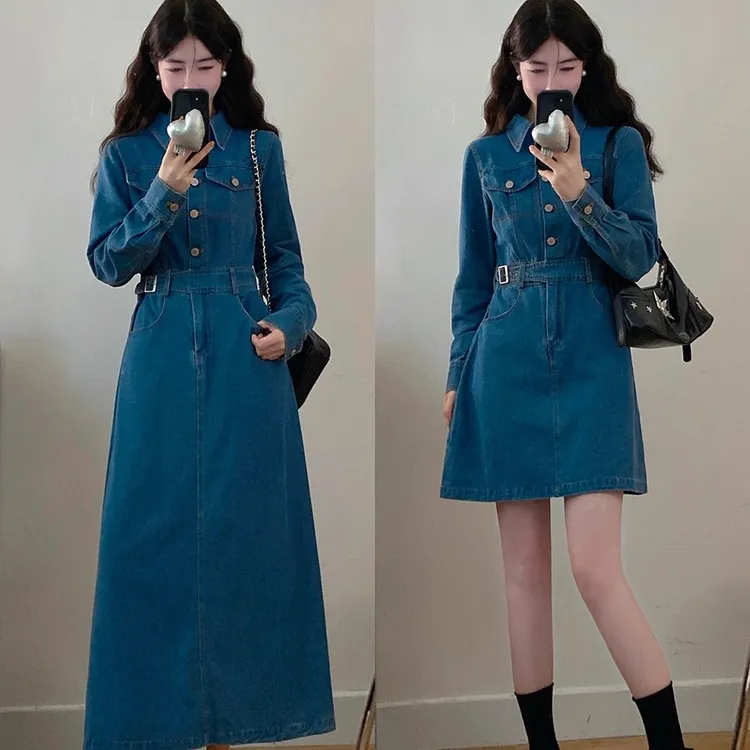 大码女装秋冬港风复古牛仔长袖休闲收腰显瘦连衣裙