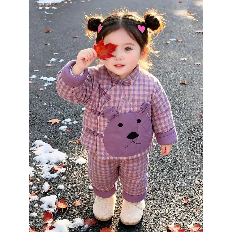 婴儿宝宝冬季家居棉服洋气儿童可爱卡通夹棉格子加厚宝宝保暖套装