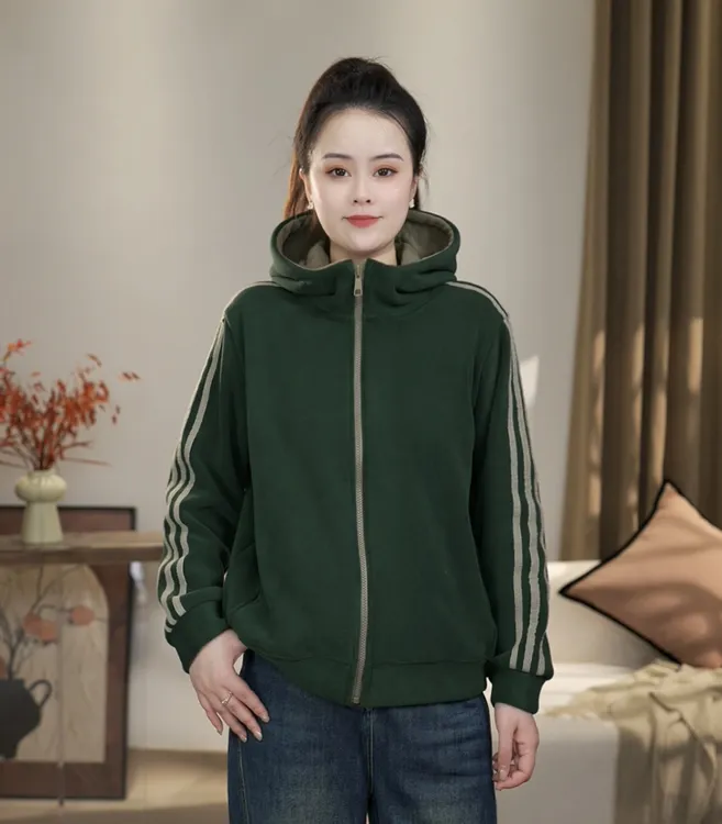 【沐沐】秋季时尚宽松拼接女连帽长袖外套运动开衫加绒加厚外套带帽