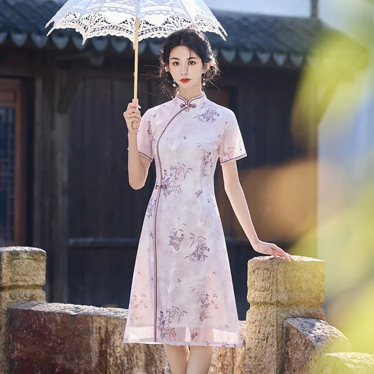 新中式旗袍连衣裙2025夏季新款双层复古显瘦改良年轻款小个子旗袍
