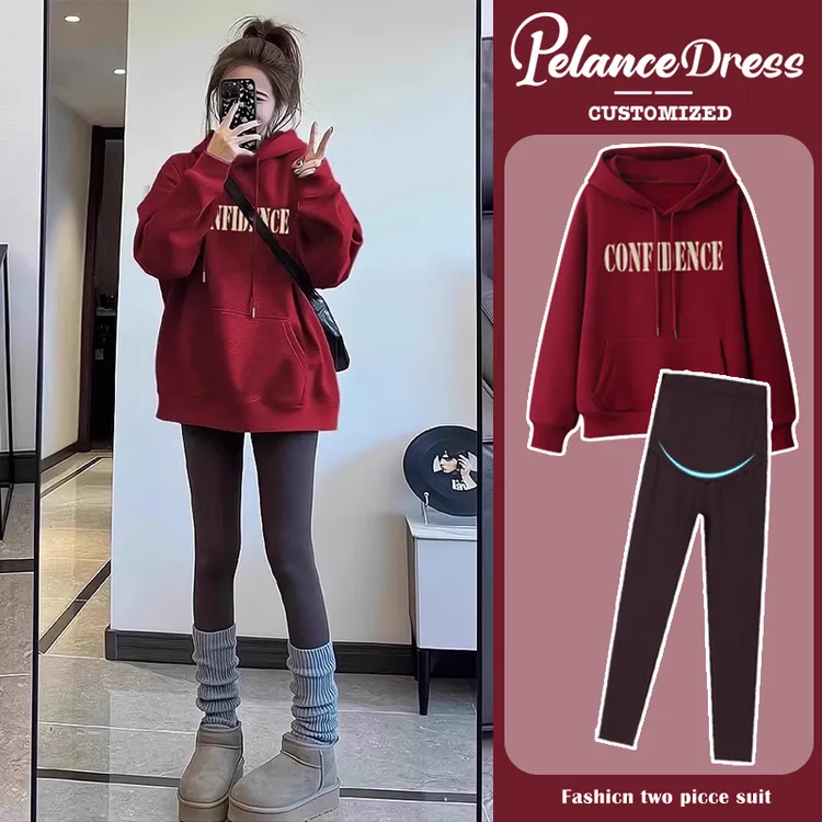 孕妇装秋季2025新款过年时尚显瘦鲨鱼裤穿搭加绒上衣秋冬连帽卫衣