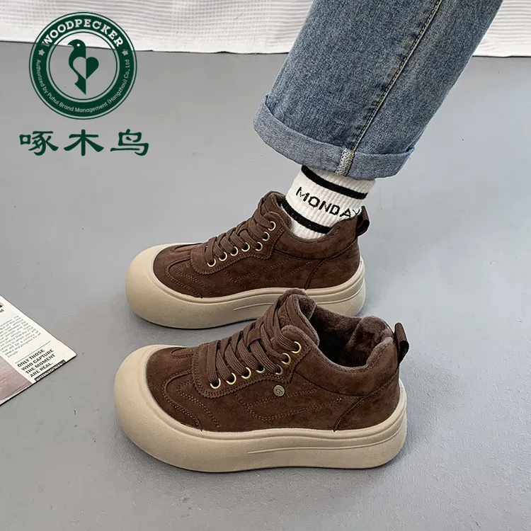 啄木鸟高帮加绒板鞋女2025冬季新款学生运动德训鞋厚底二棉鞋子女