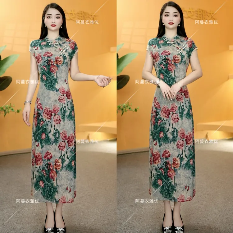 【衣雅严选】8082-2224#新款冰羽丝短袖斜门襟新中式旗袍连衣裙