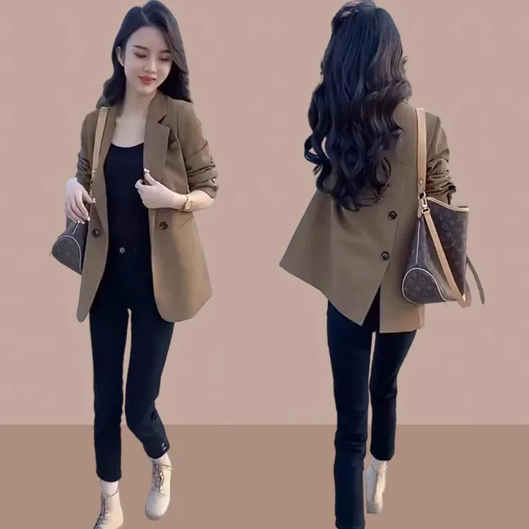 咖色女士后开叉西装外套春季2025新款韩版修身小个子正肩西服上衣