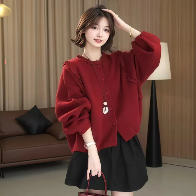 温柔风拼接木耳领单排扣毛衣女2025冬季大码胖MM时尚百搭减龄上衣