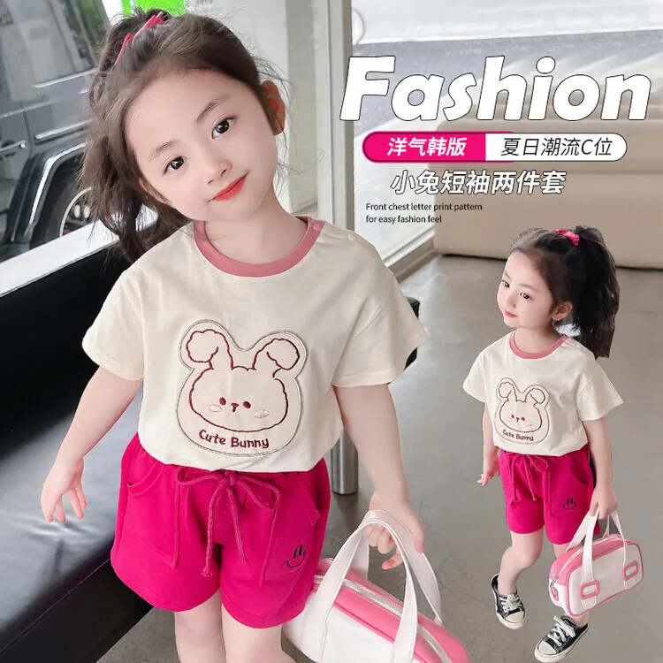 女童套装夏2025新款洋气儿童夏季网红多巴胺女宝宝短袖短裤两件套
