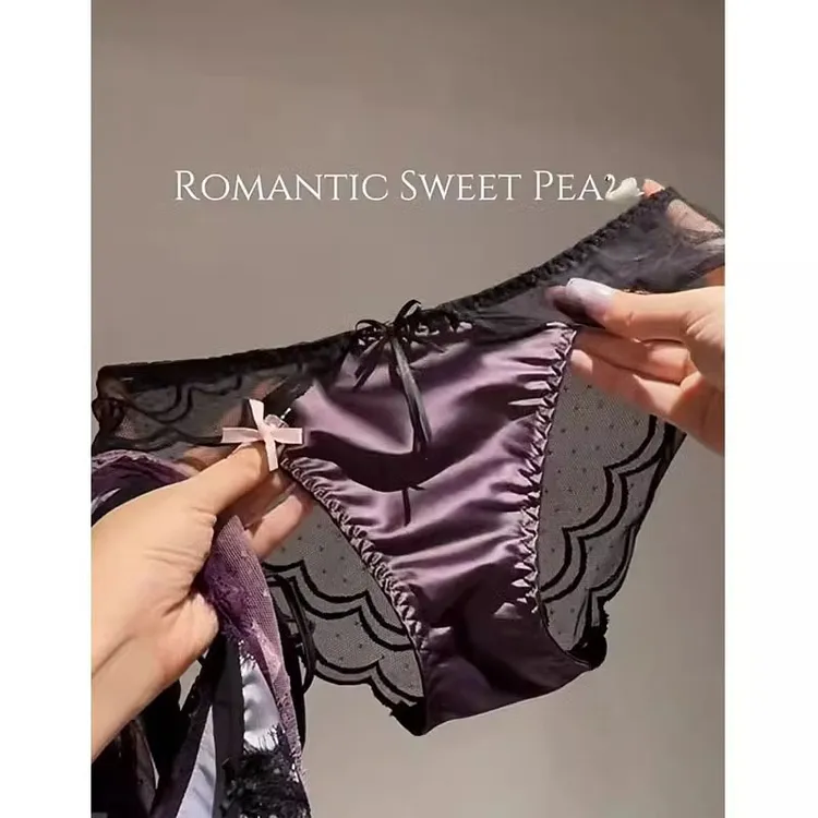 禁欲朗姆*性感紫色缎面拼接蕾丝女蝴蝶结波浪网纱三角内裤